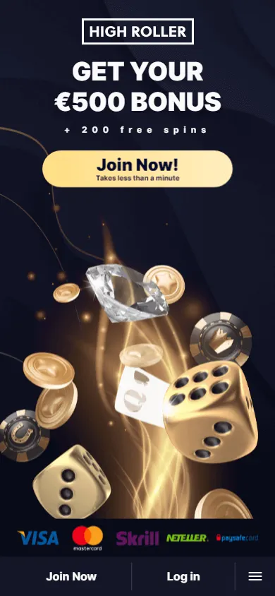 High Roller Casino home screen on a mobile browser