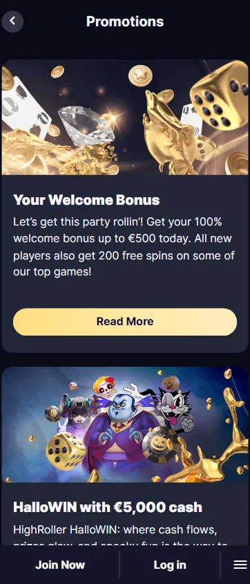High Roller Casino promotions screen on a mobile browser